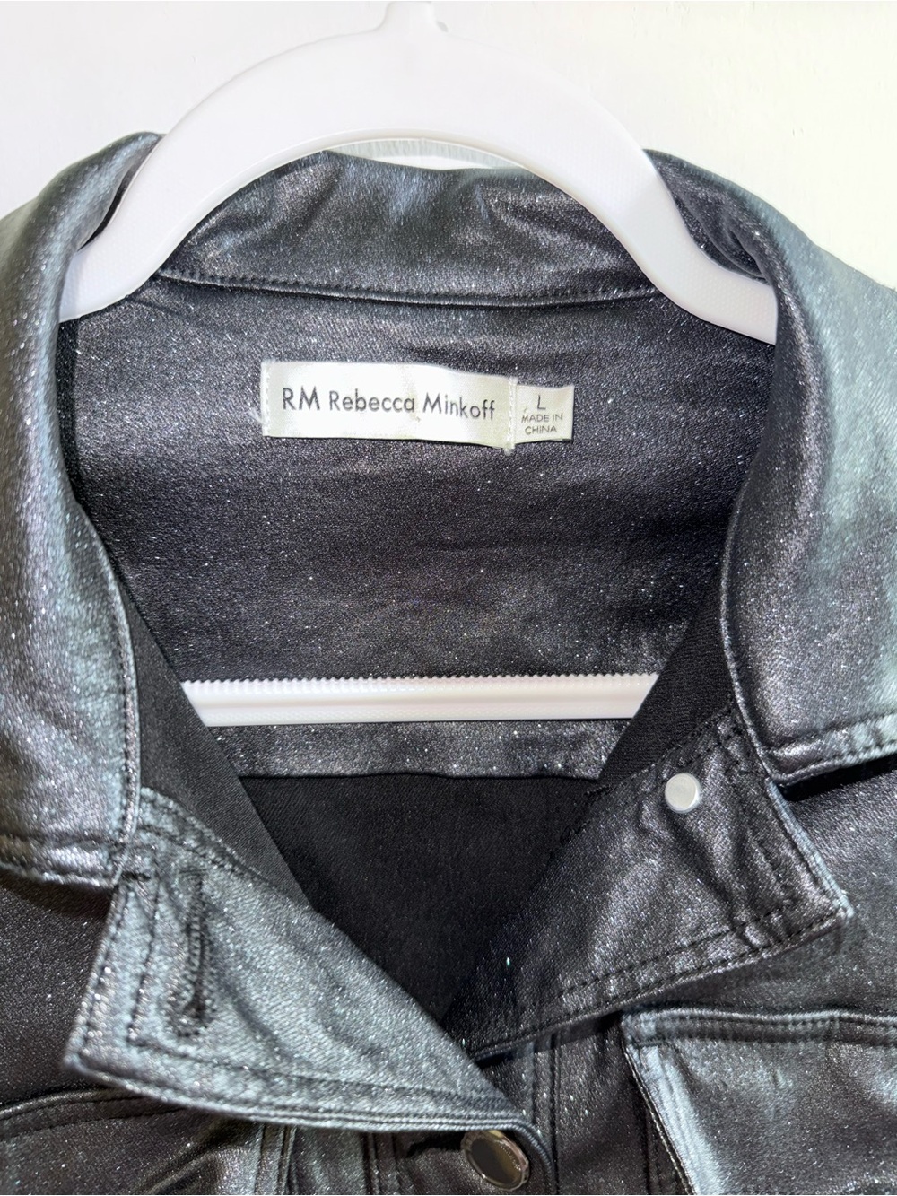 RM Rebecca Minkoff Shimmer Metallic Black Denim Style Jacket Sparkle Coated L - Picture 3 of 7
